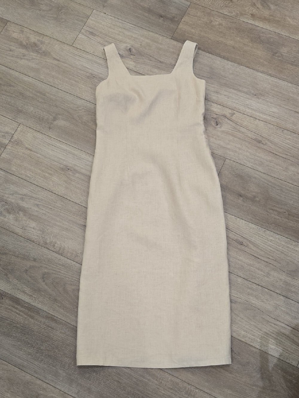 Retro 90's Beige Linen Square-Neck Ralphcore Normcore Midi Dress - Picture 10 of 10